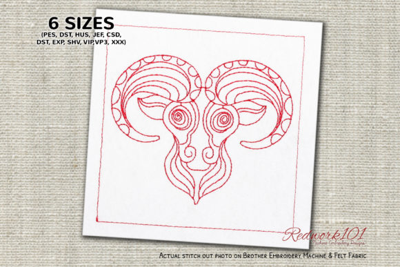 Animal Face Aries Zodic Sign Redwork