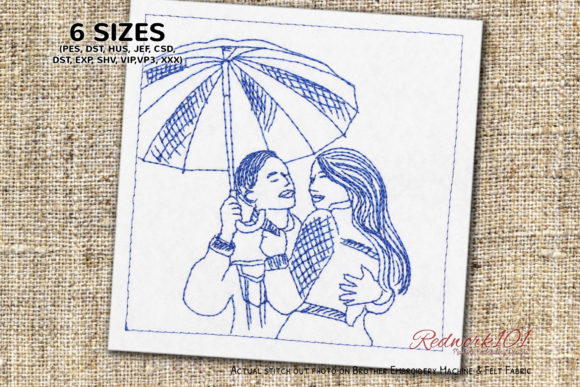 Loving Couple Under an Umbrella Redwork Review