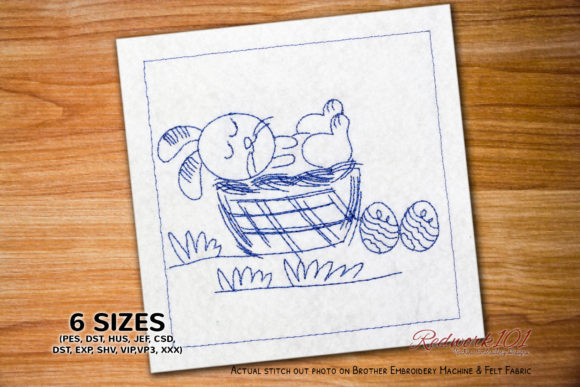 Sleeing Bunny in Easter Basket Redwork